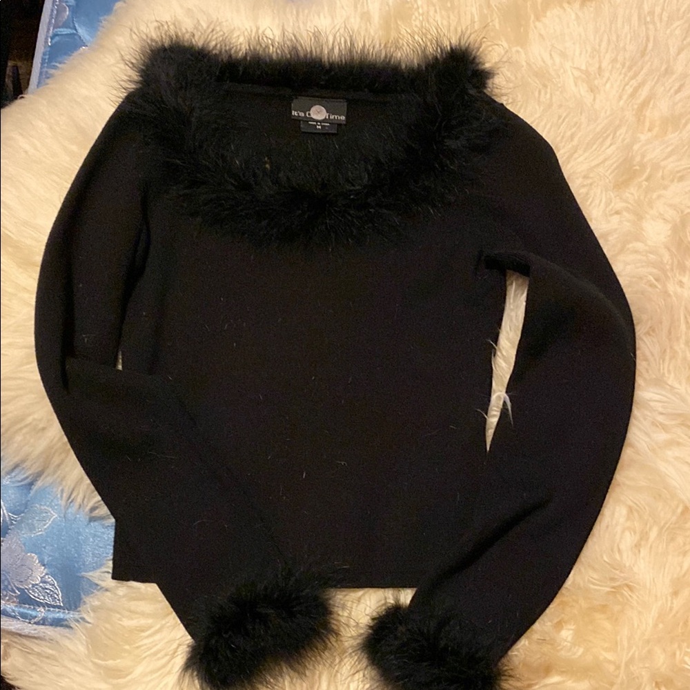 It's Our Time Black Off-the-Shoulder Sweater with Fur Trim